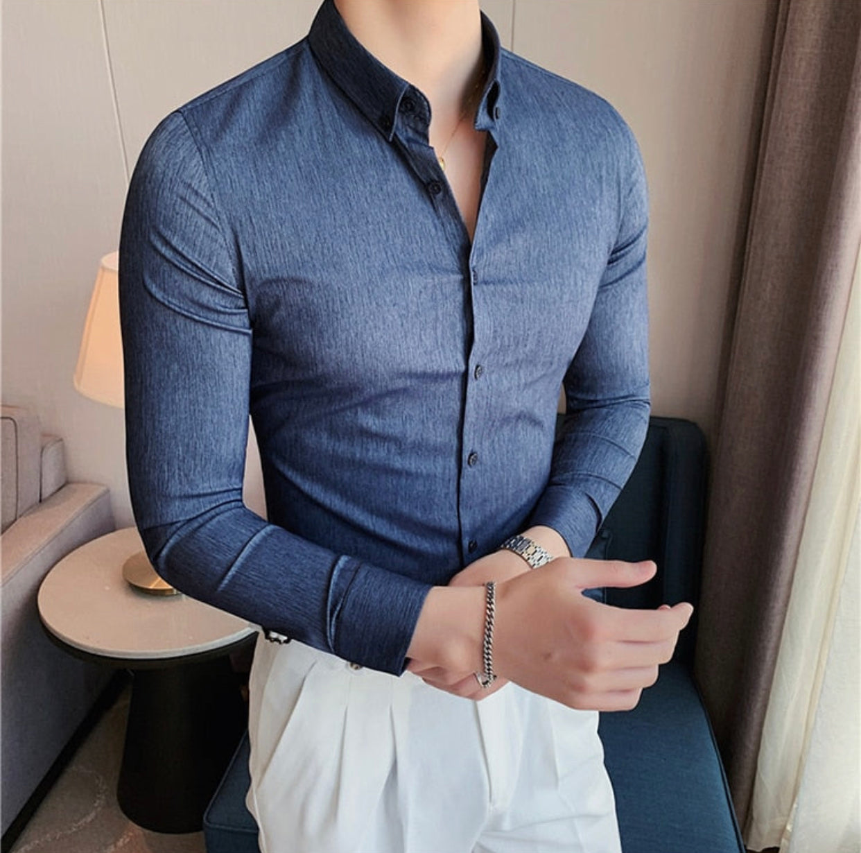 Men Stretched Slim Fit Long Sleeve Casual Shirts