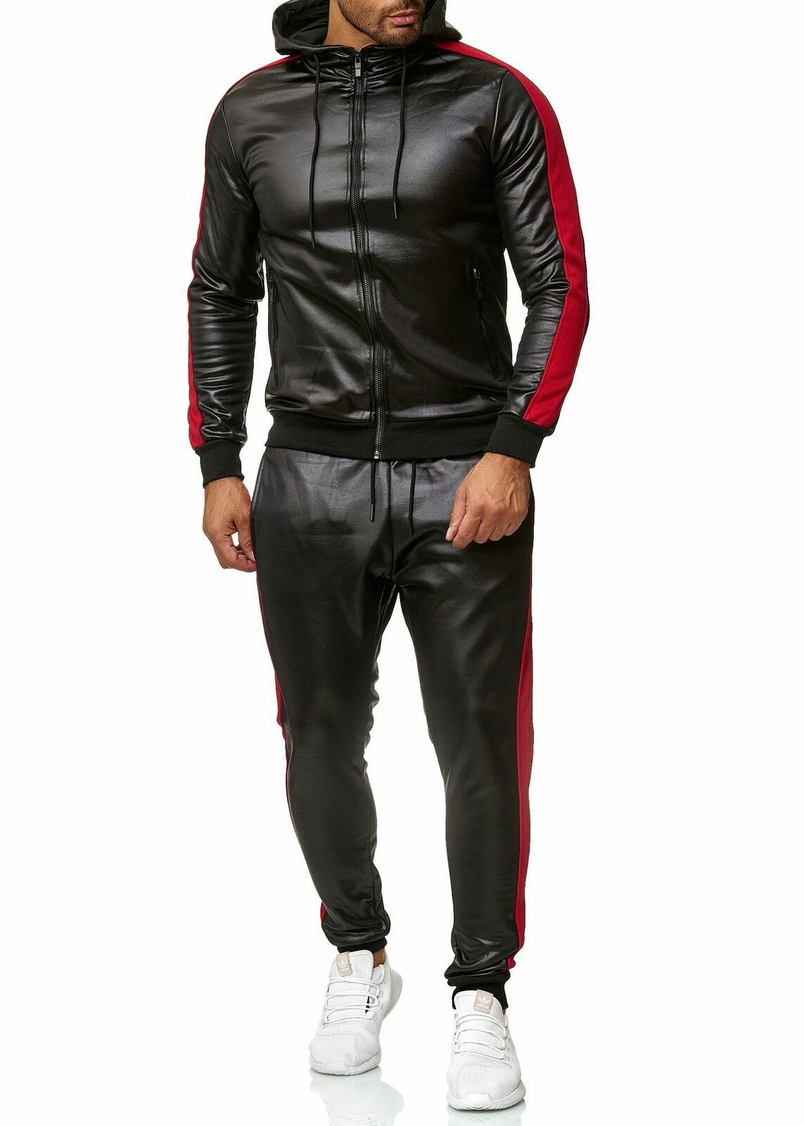 PU Leather Hoodies Pants Jogging Tracksuits