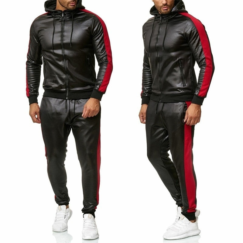 PU Leather Hoodies Pants Jogging Tracksuits
