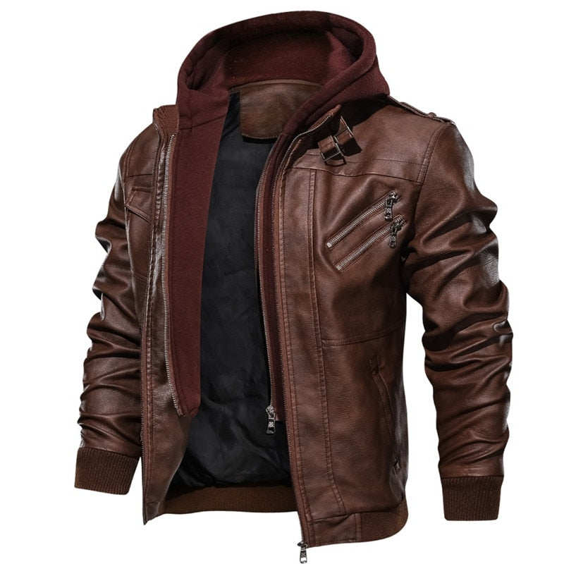 PU leather hooded jacket