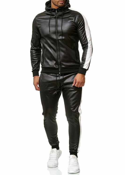 PU Leather Hoodies Pants Jogging Tracksuits