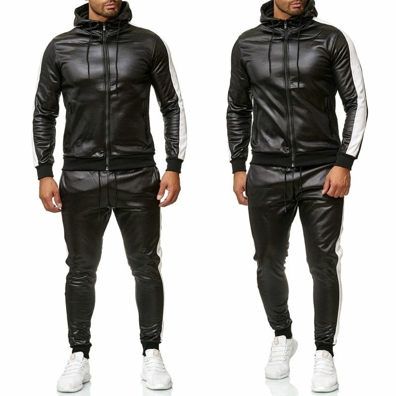 PU Leather Hoodies Pants Jogging Tracksuits