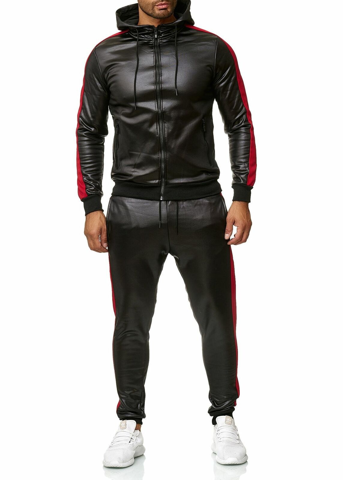 PU Leather Hoodies Pants Jogging Tracksuits