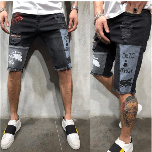 Men Printing Denim Stretch Skinny Jeans Shorts