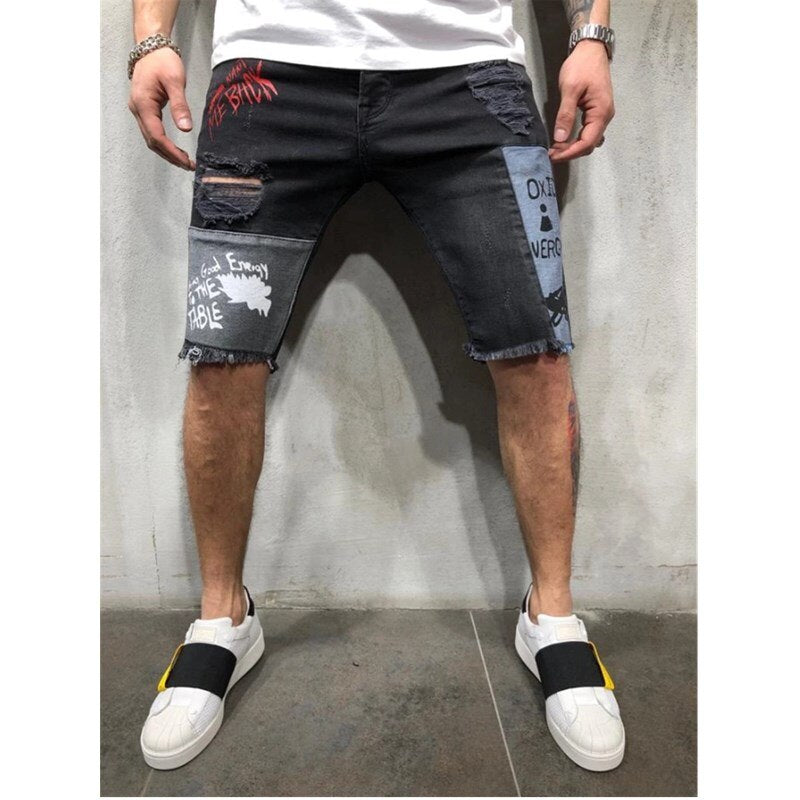 Men Printing Denim Stretch Skinny Jeans Shorts