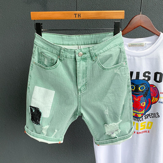 Green Denim Hole Ripped Short