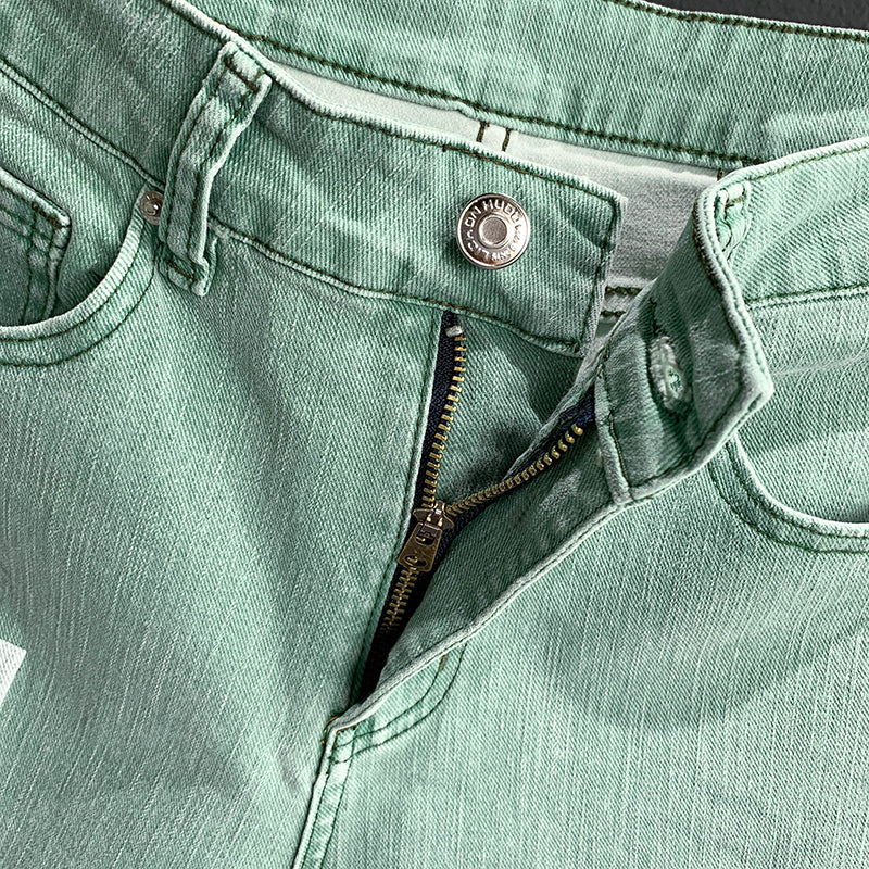 Green Denim Hole Ripped Short
