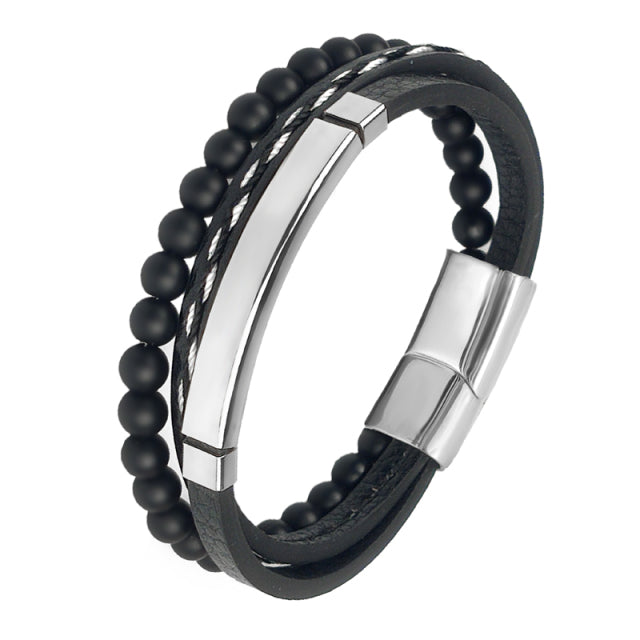 Multi-Layered Men Black Leather Beaded Bracelet