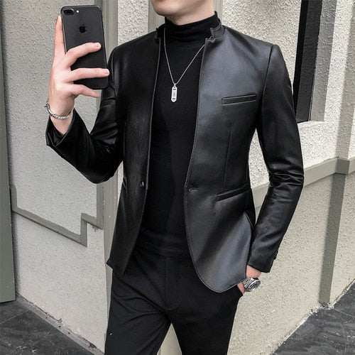 Fashion Men's Casual Leather Slim fit Blazers