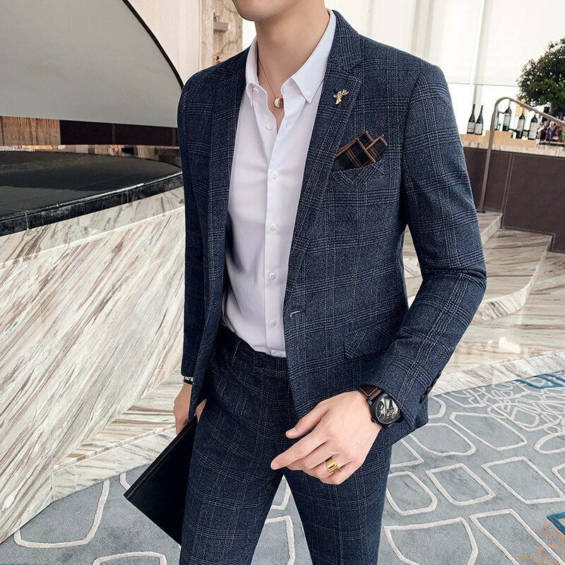 Men's Slim Plaid Suit