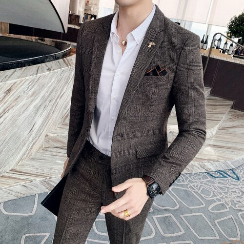 Men's Slim Plaid Suit