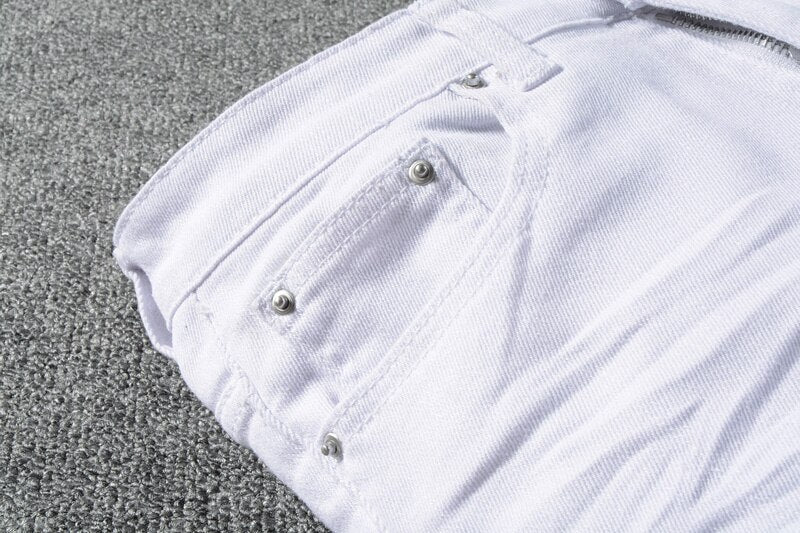 Destroyed Ripped Men Patchwork White Jeans Pants