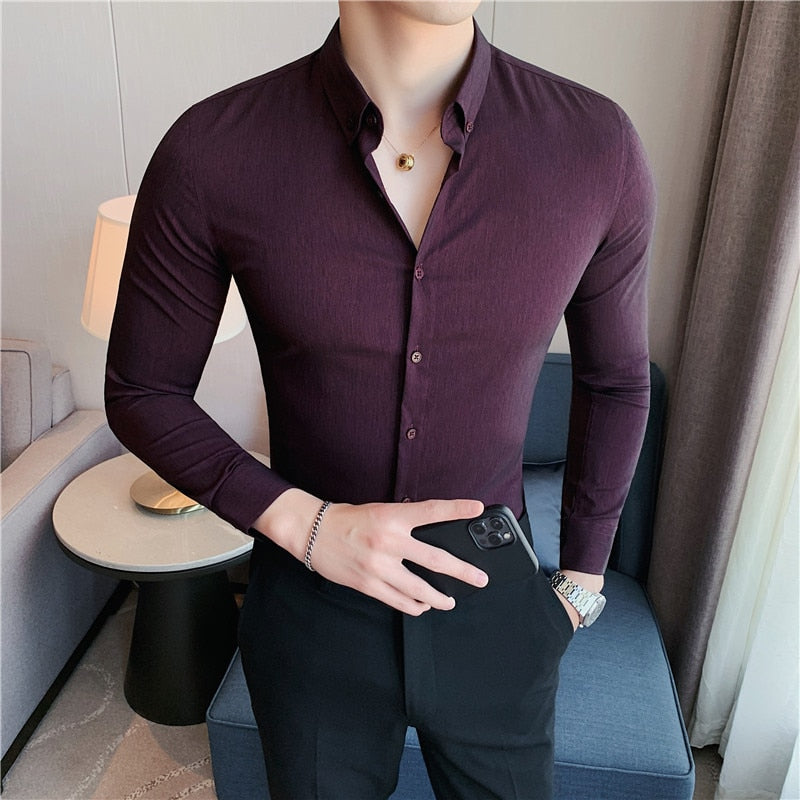 Men Stretched Slim Fit Long Sleeve Casual Shirts