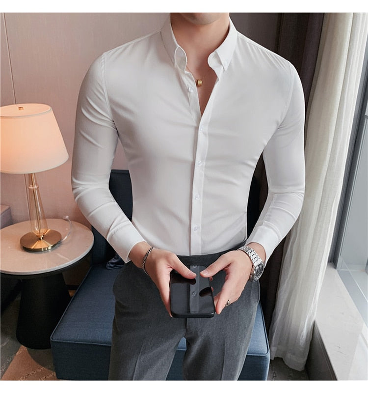 Men Stretched Slim Fit Long Sleeve Casual Shirts