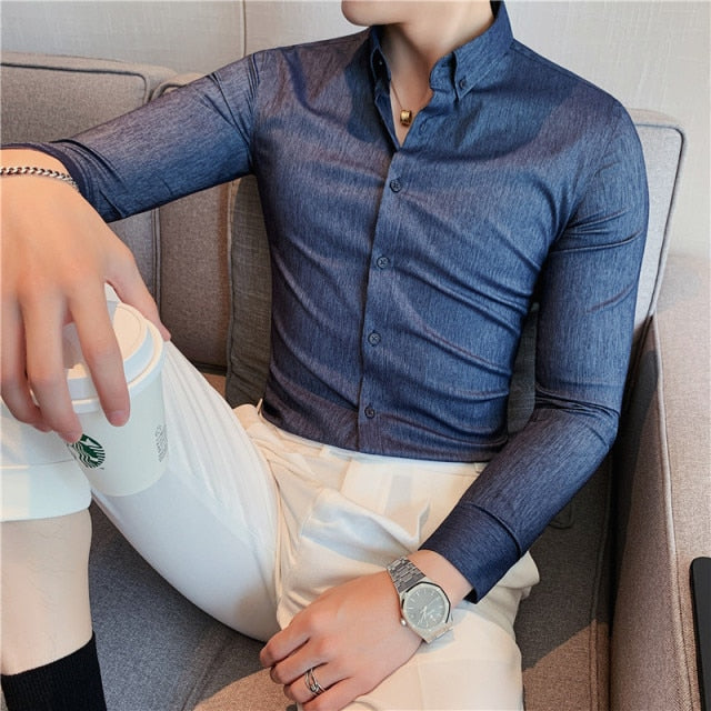 Men Stretched Slim Fit Long Sleeve Casual Shirts