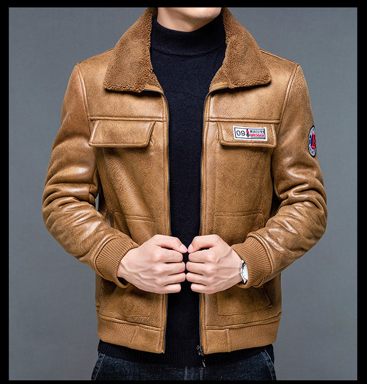 Embroidery Leather Zipper Fleece Jacket