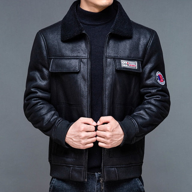 Embroidery Leather Zipper Fleece Jacket