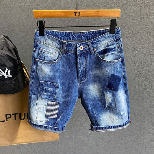 Men Vintage Blue Patchwork Distressed Denim Shorts