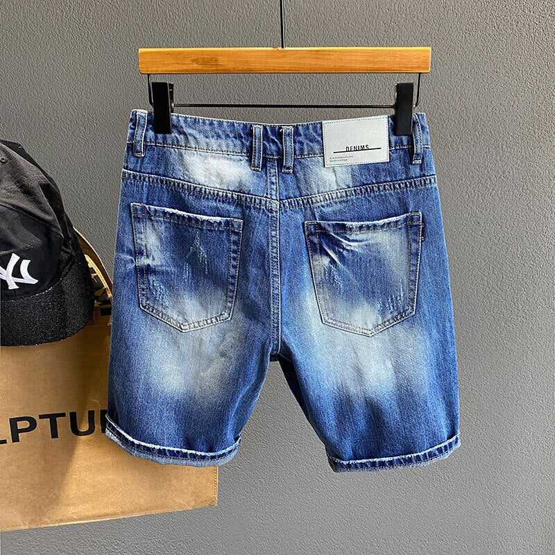 Men Vintage Blue Patchwork Distressed Denim Shorts