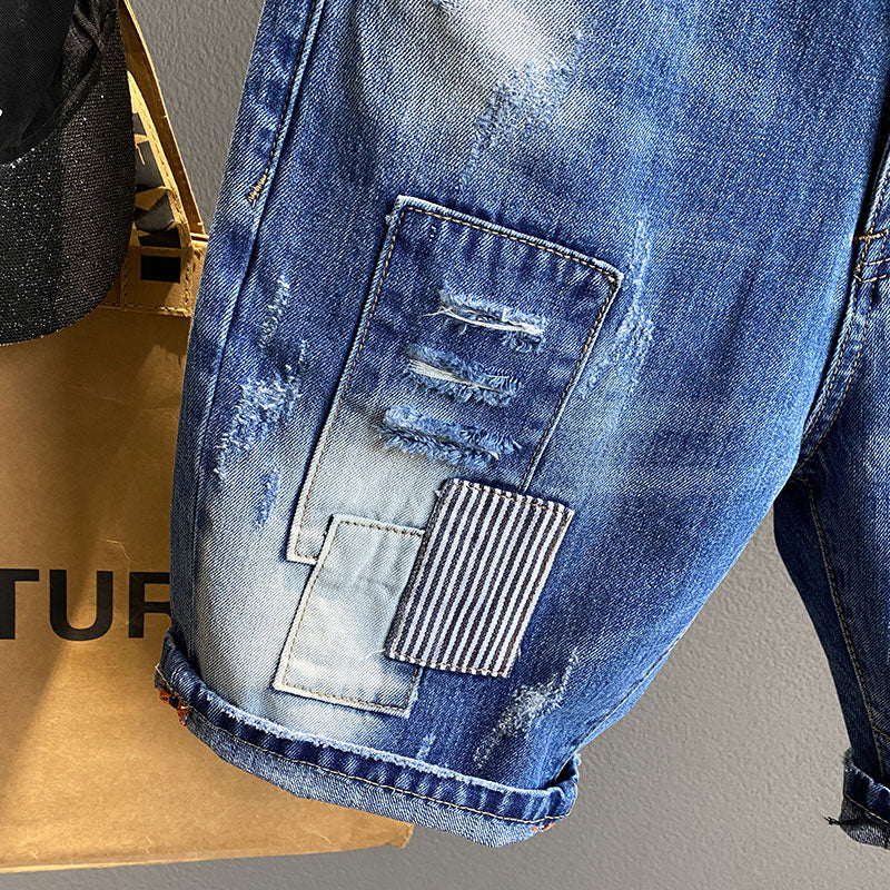 Men Vintage Blue Patchwork Distressed Denim Shorts