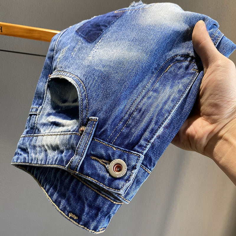 Men Vintage Blue Patchwork Distressed Denim Shorts