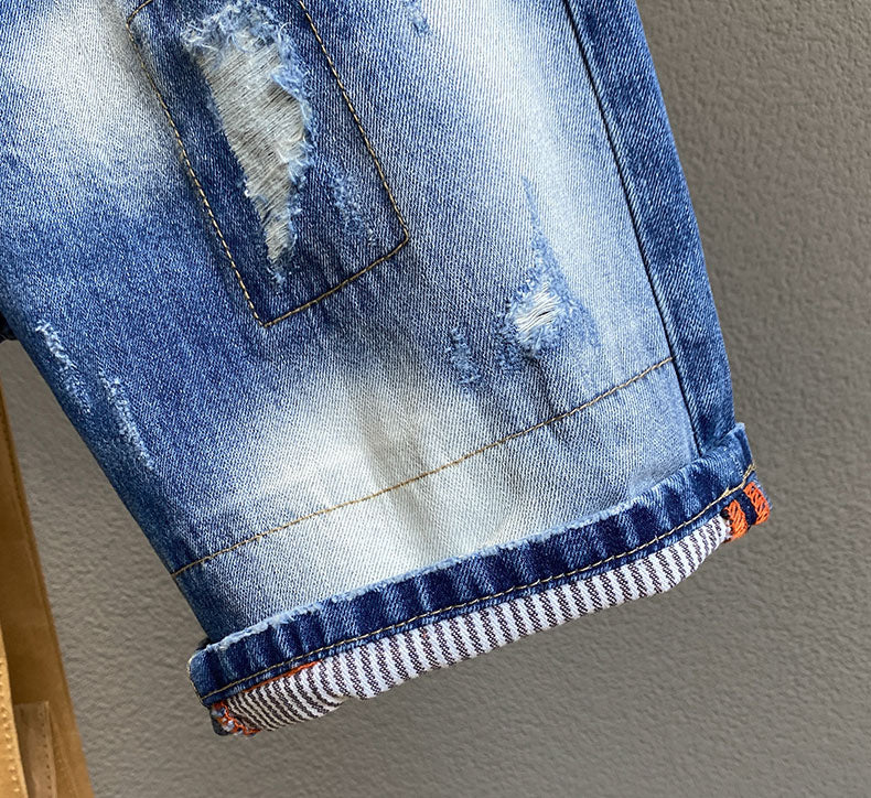 Men Vintage Blue Patchwork Distressed Denim Shorts