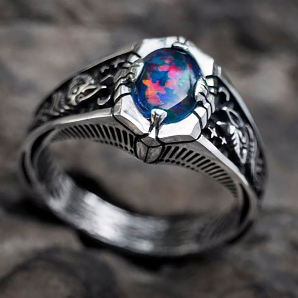 Opal Vintage Carved Star Pattern Ring