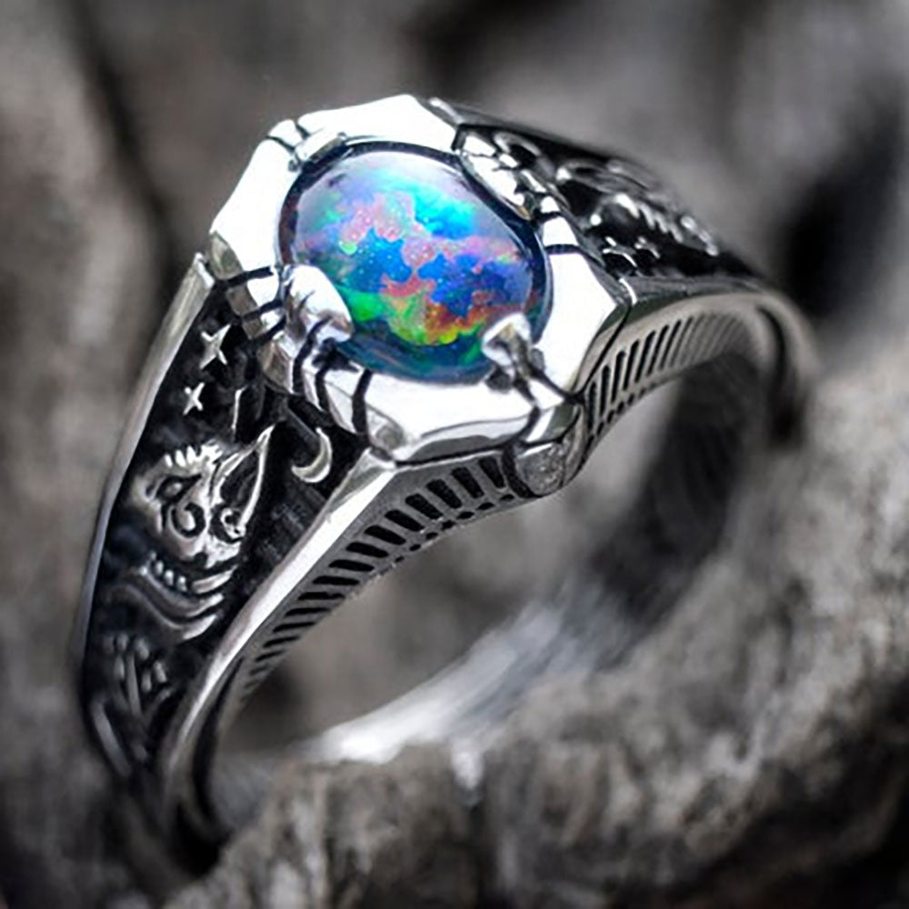 Opal Vintage Carved Star Pattern Ring