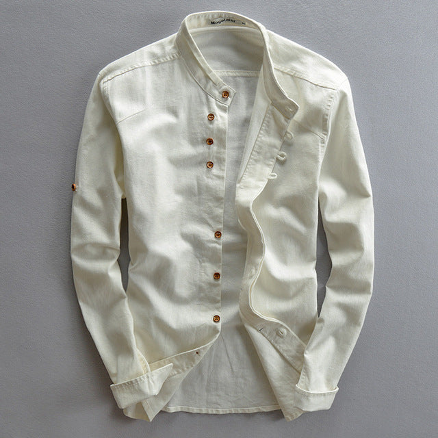 Linen Long Sleeve Casual Stand Collar Shirt