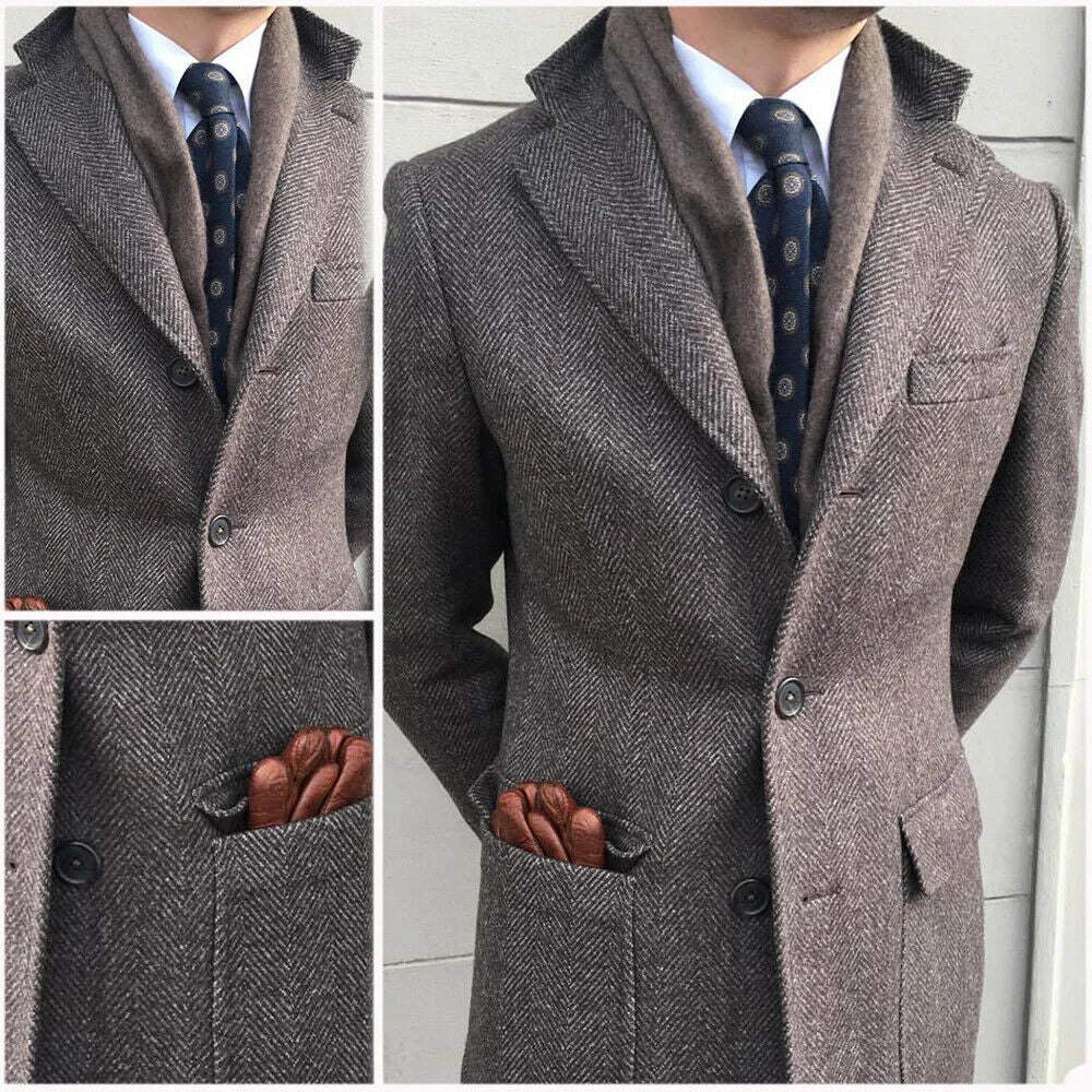 Classic Herringbone Tweed Wool Coat