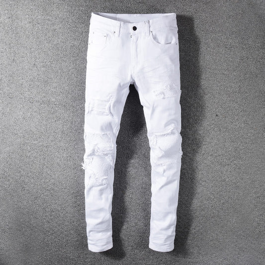 Destroyed Ripped Men Patchwork White Jeans Pants