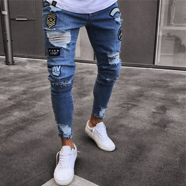 Men Stretchy Ripped Skinny Embroidery Jeans