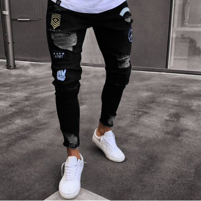 Men Stretchy Ripped Skinny Embroidery Jeans