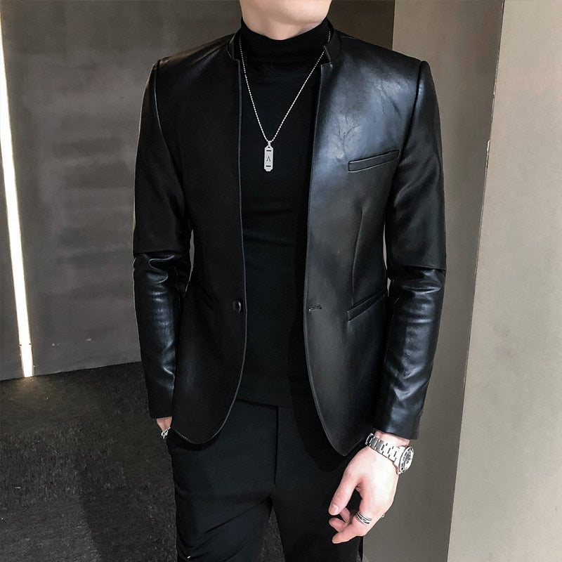 Fashion Men's Casual Leather Slim fit Blazers