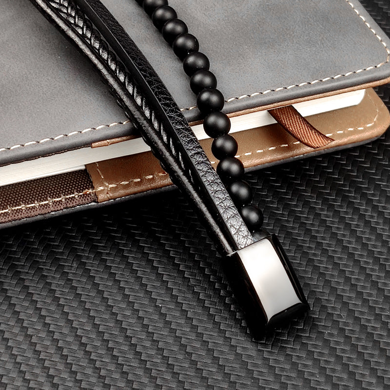 Multi-Layered Men Black Leather Beaded Bracelet