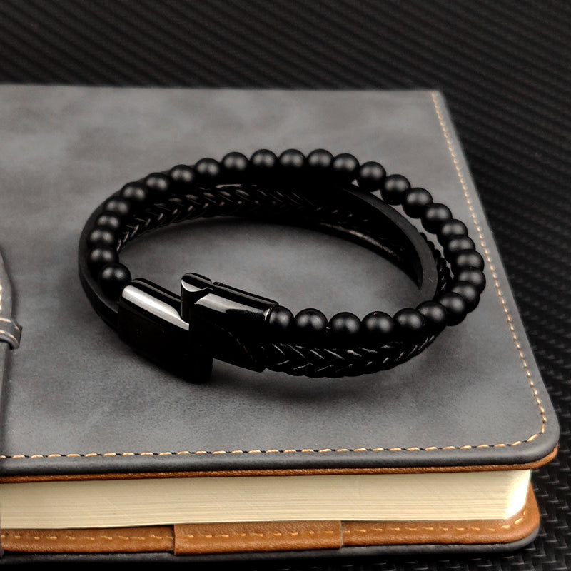 Multi-Layered Men Black Leather Beaded Bracelet