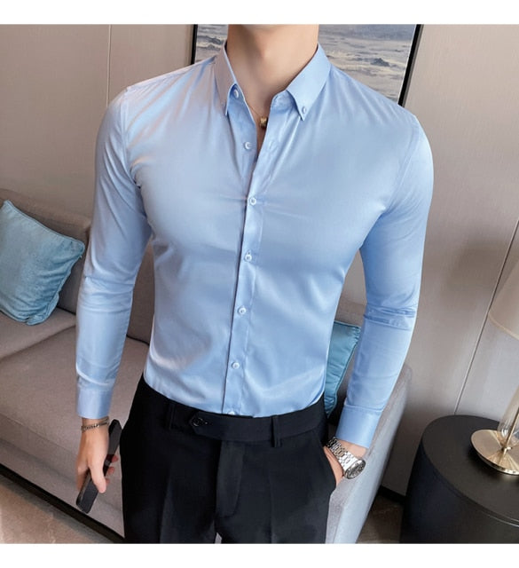 British Style Solid Long Sleeve Slim Shirt