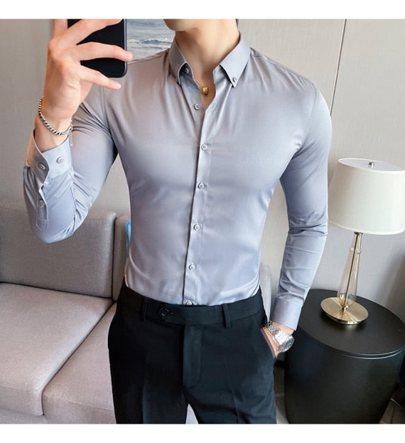 British Style Solid Long Sleeve Slim Shirt
