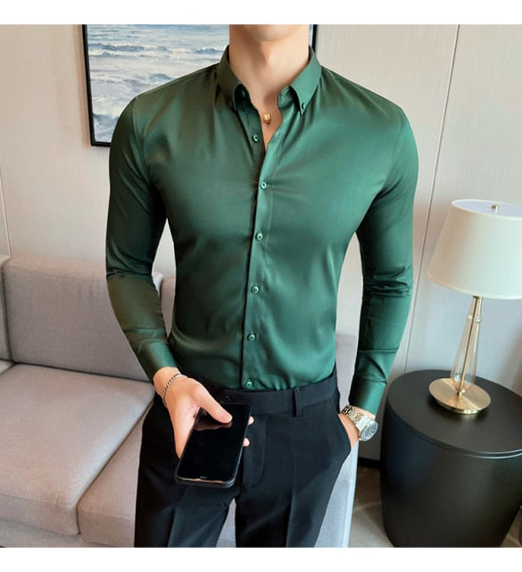 British Style Solid Long Sleeve Slim Shirt