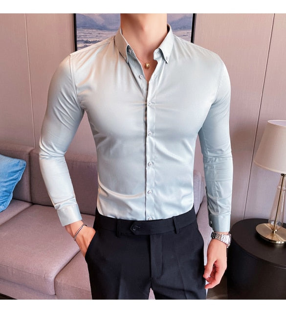 British Style Solid Long Sleeve Slim Shirt