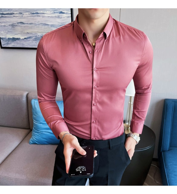 British Style Solid Long Sleeve Slim Shirt