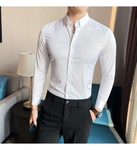 British Style Solid Long Sleeve Slim Shirt