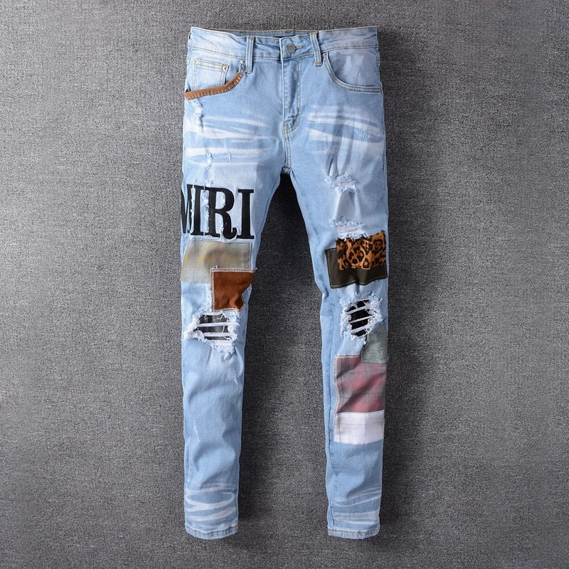 Patch Ripped Slim Fit Denim Jeans
