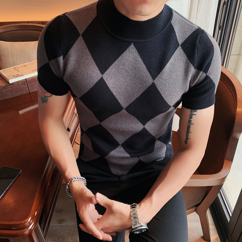 British Style Diamond Lattice Short Sleeve Sweater