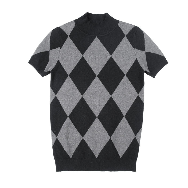 British Style Diamond Lattice Short Sleeve Sweater