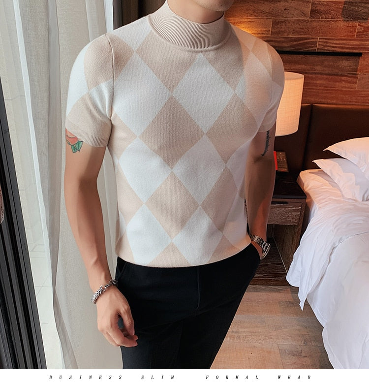 British Style Diamond Lattice Short Sleeve Sweater