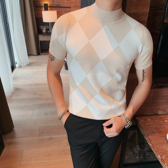 British Style Diamond Lattice Short Sleeve Sweater