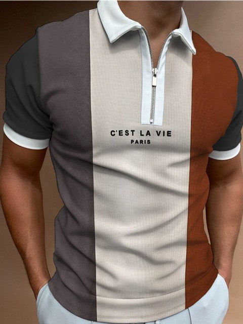 Casual Short Sleeves Striped Print Lapel Polo Shirts