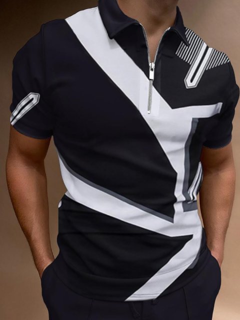 Casual Short Sleeves Striped Print Lapel Polo Shirts